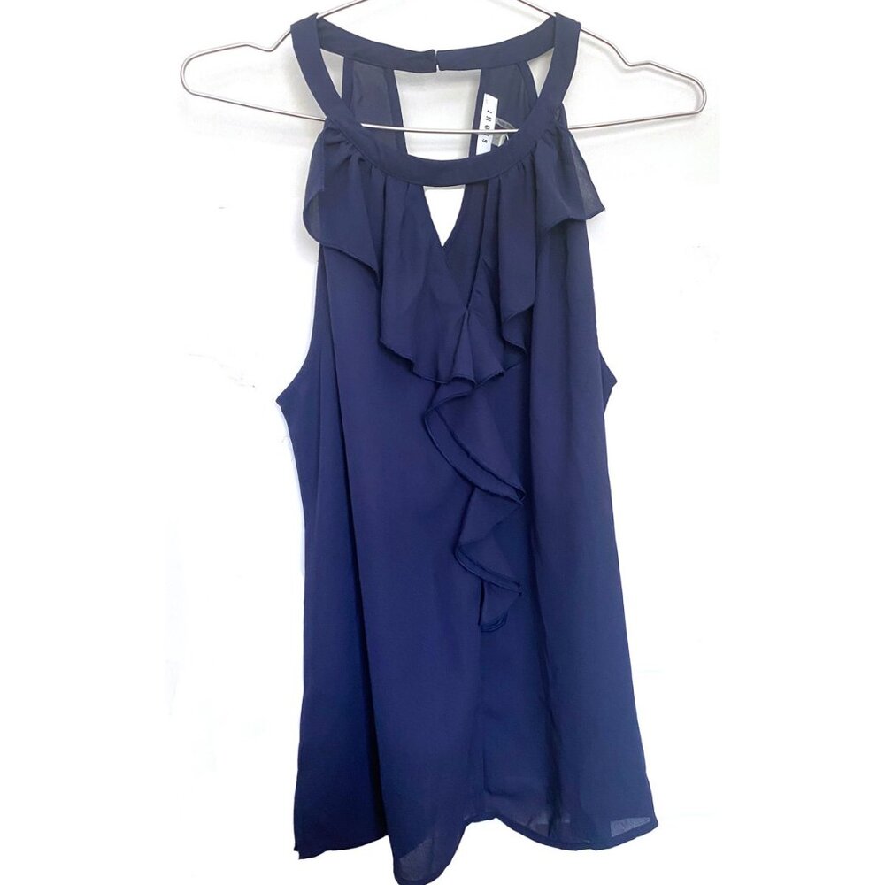 NWT SIONI Women's Halter Neck Sleeveless Ruffle Front Navy Blue Blouse size L